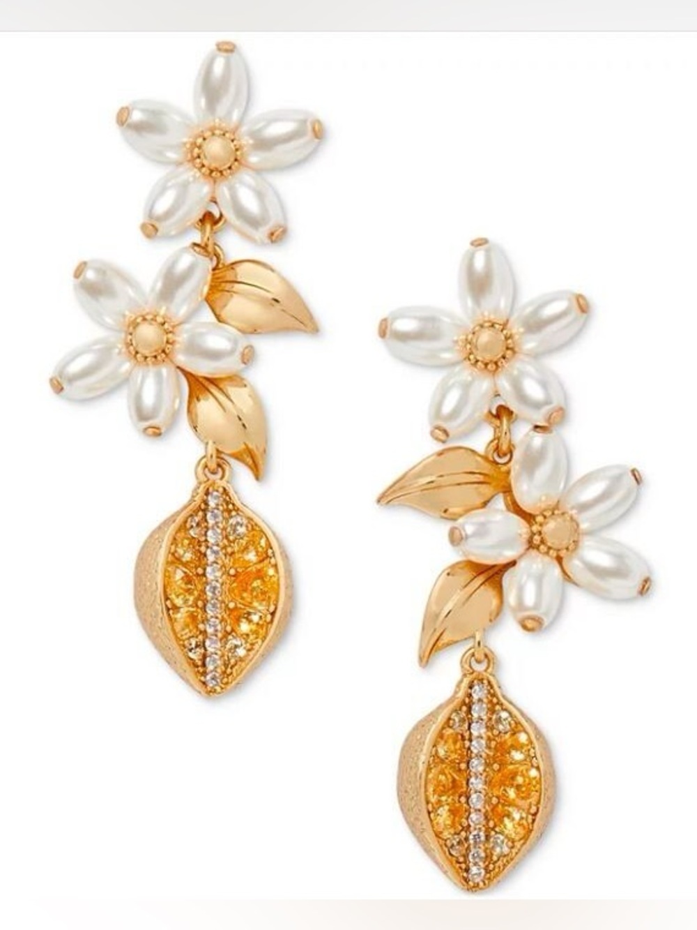 Kate Spade Fresh Squeeze Linear Earrings Cubic Zirconia‎ Lemon & Pearl Flower
